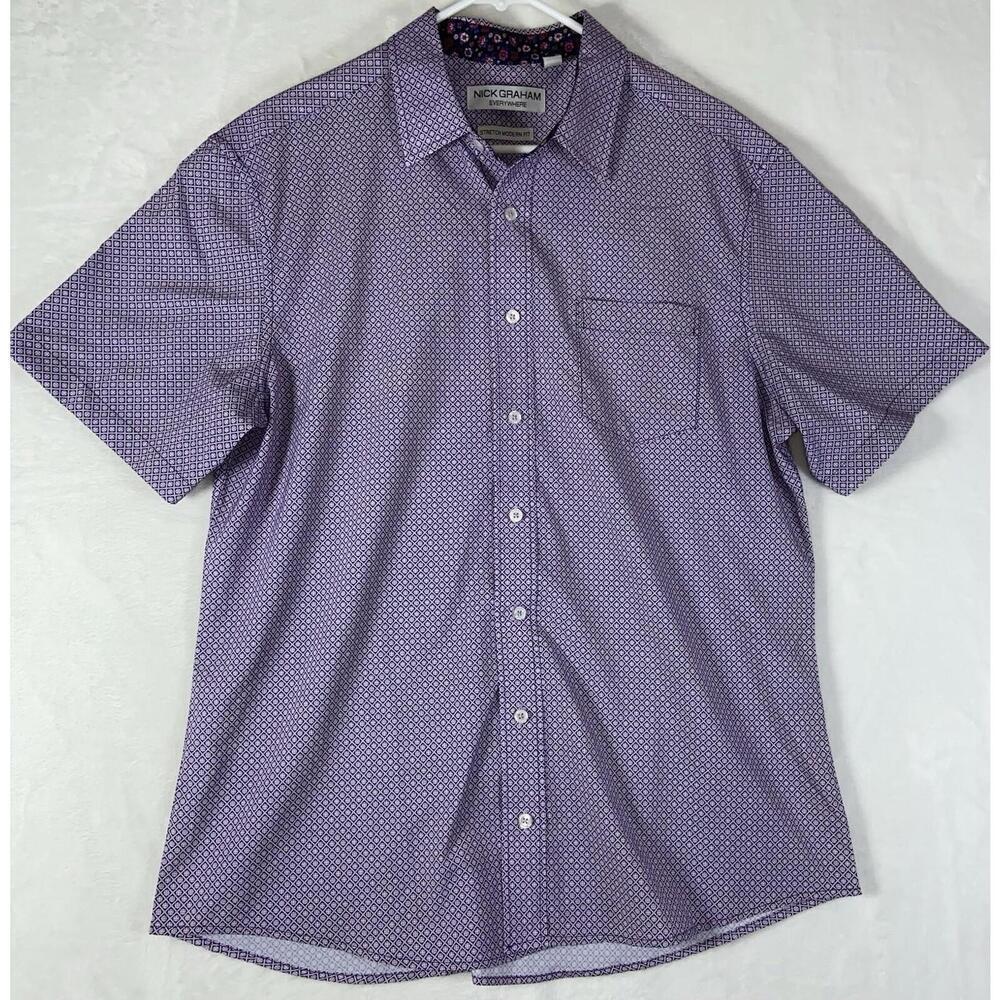 Nick Graham Men's Shirt L Printed Performance Stretch S/S Shirt Flip Collar EUC